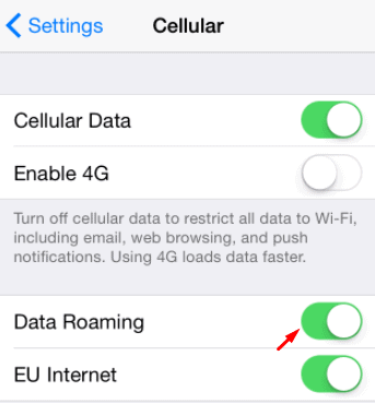 turn on data roaming iphone