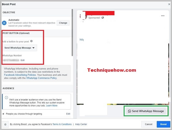 WhatsApp number to facebook business page boost post