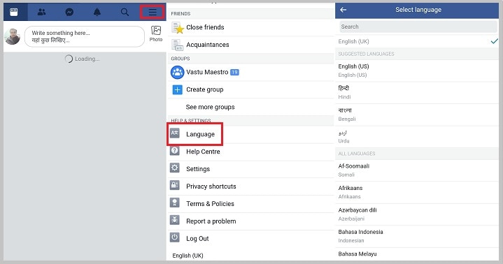 change language facebook mobile