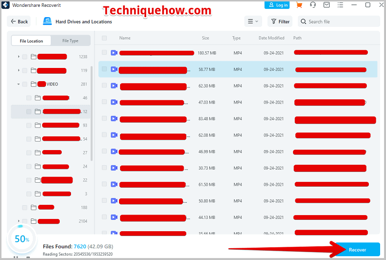 Wondershare Recoverit click on Recover