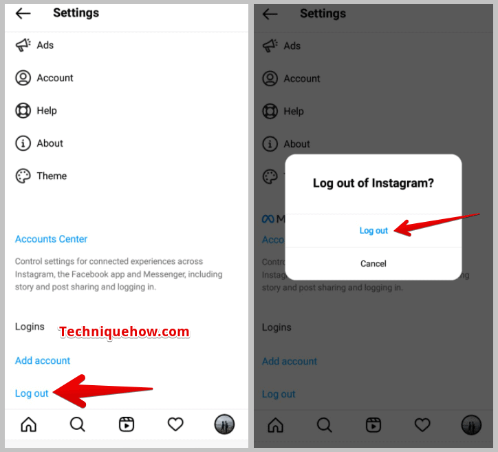 clicking on Log out for instagram