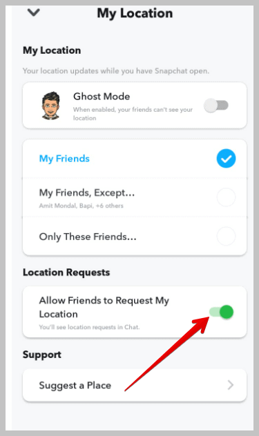 Allow Friends to Request My Location button