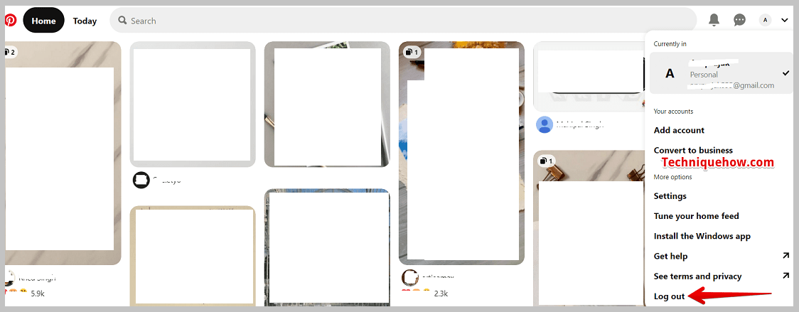 Pinterest account and Log out