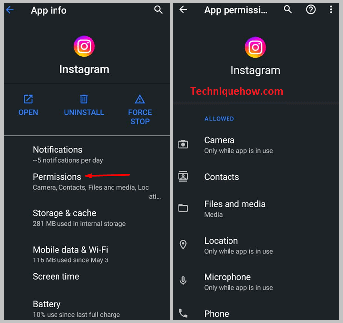 All permissions for Instagram App