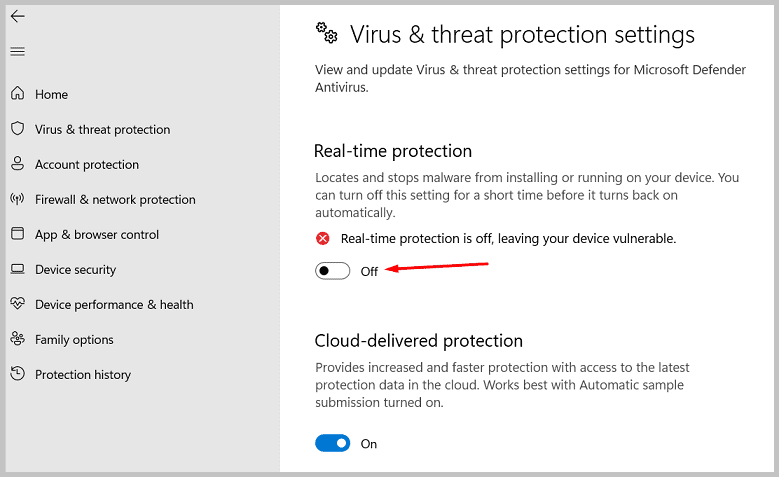turn off the Real-time protection option
