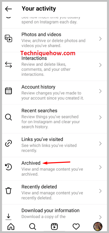Choose Archived on instagram