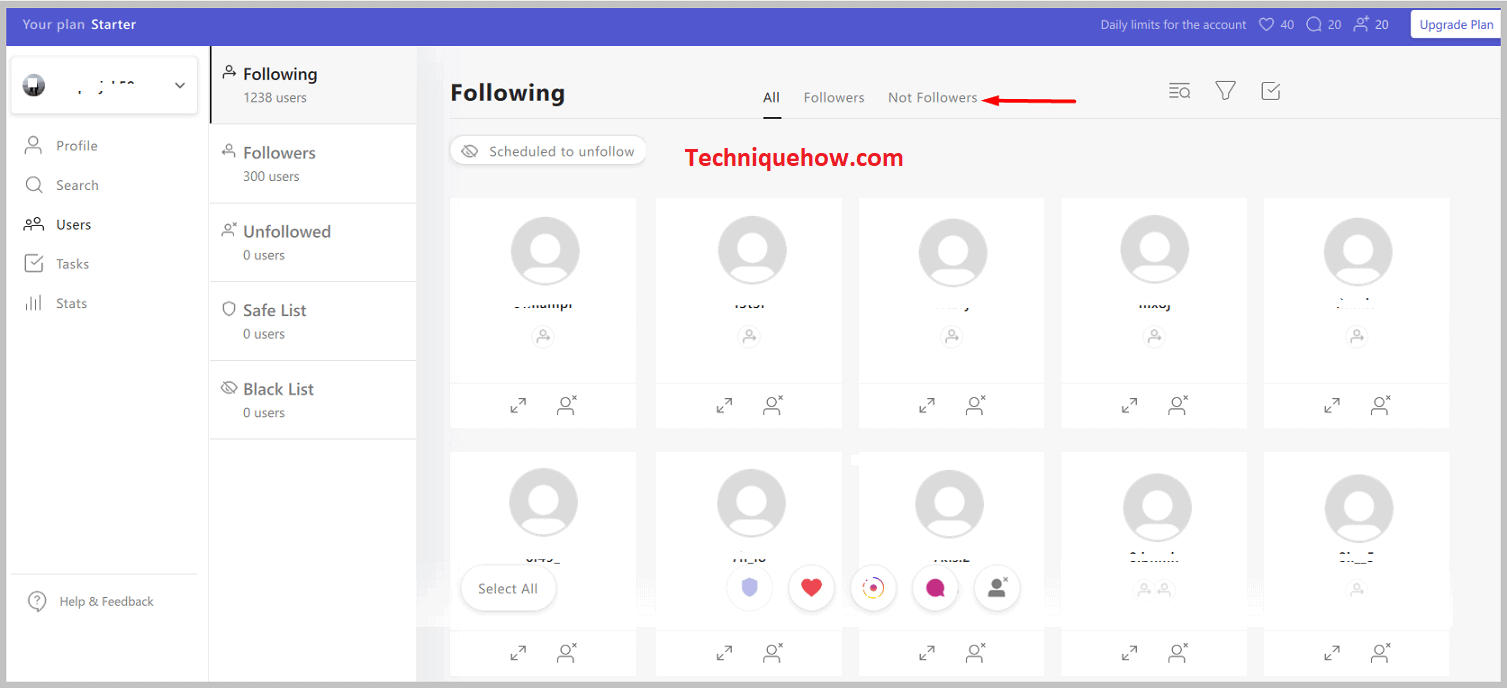 Click on the Not followers