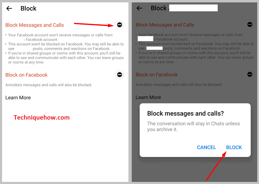 Click the 'Block messages and calls