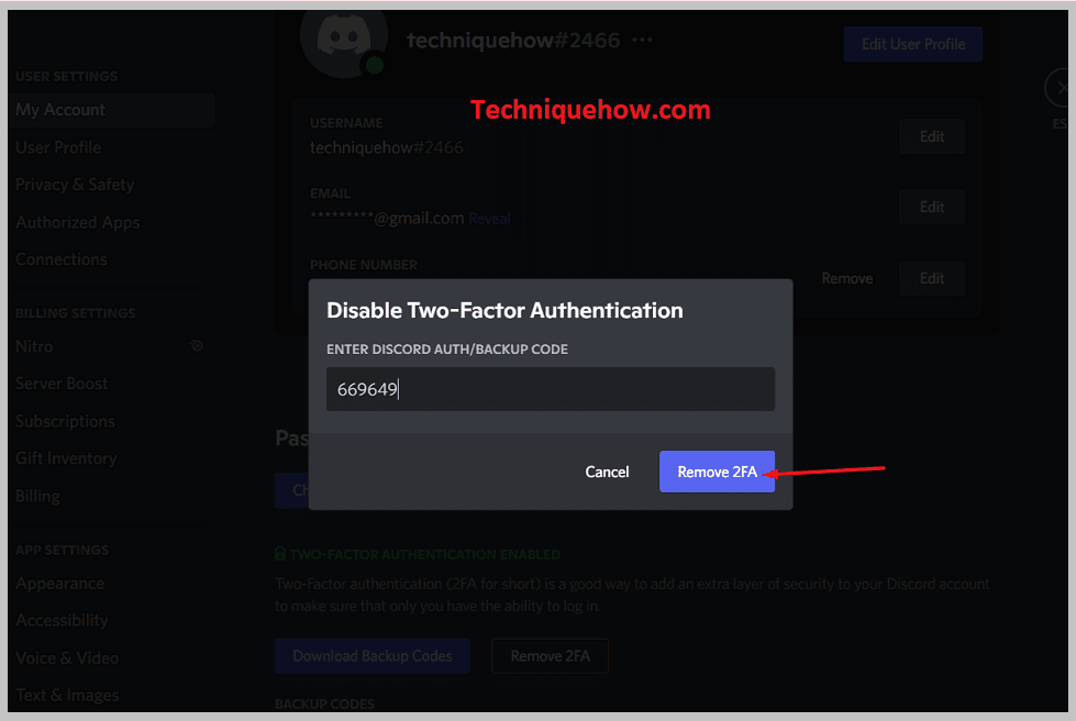 Enter backup code and Tap Remove 2FA