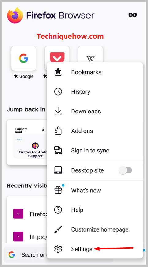 Settings option on firefox