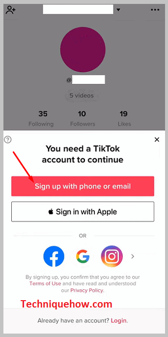 Sign up with a phone or email on tiktok