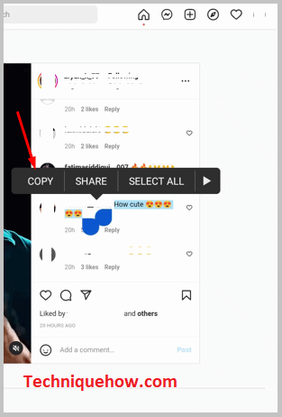 Tab on hold and copy the comment