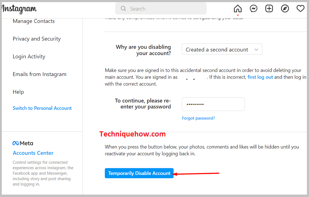 Temporarily disable account' to confirm