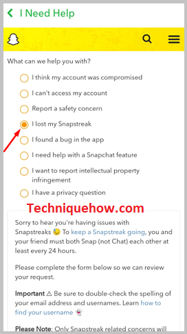 choose the option 'I lost my Snapstreak'