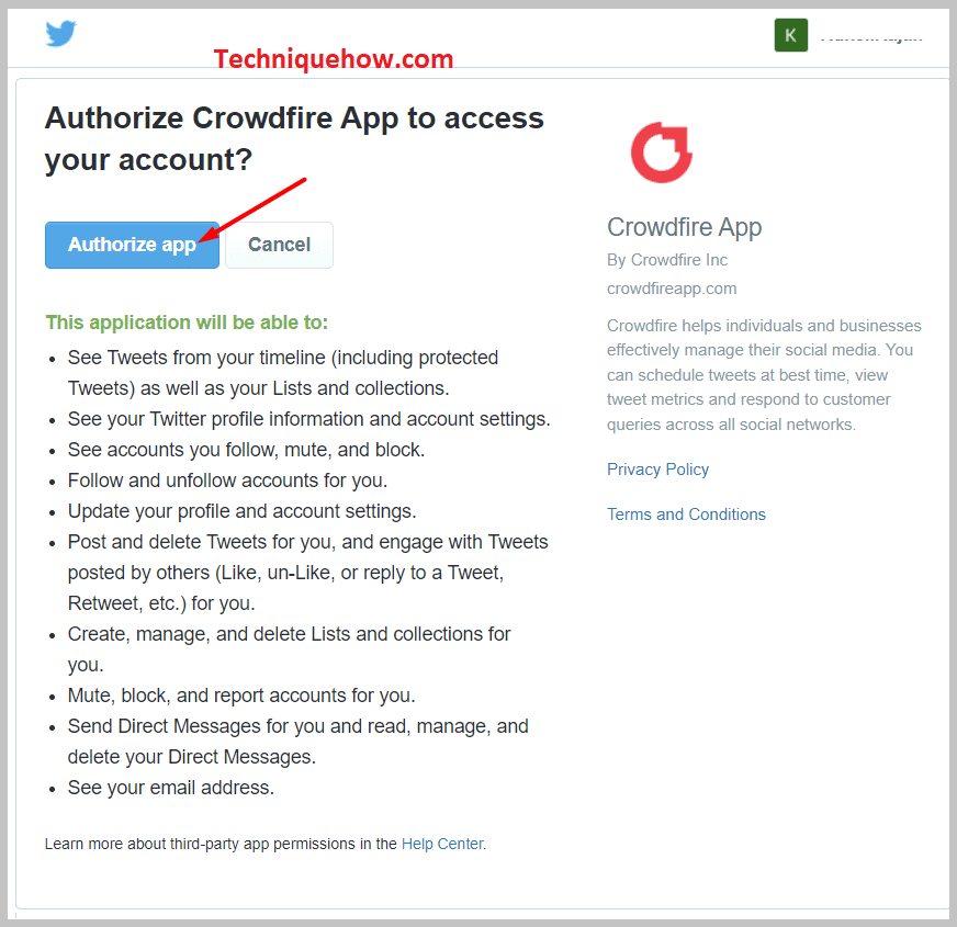 Authorize your Twitter account by signing in CrowdFire Tool