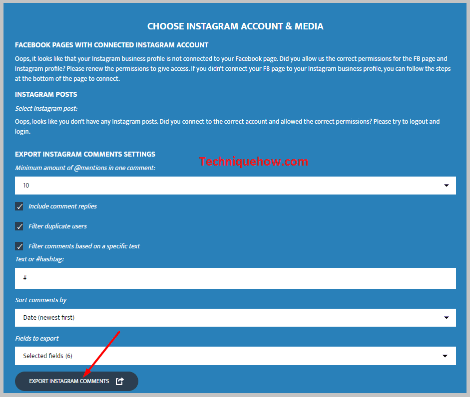 Click on the 'Export Instagram comments' button