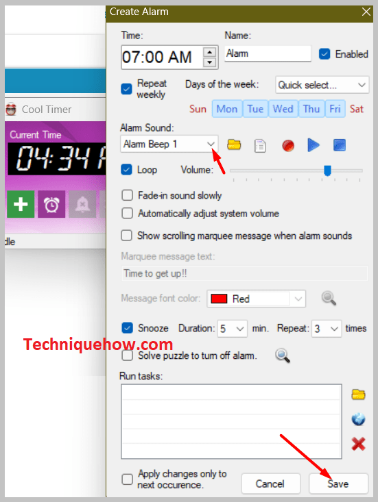 Enter the time you want to set the alarm for and then save it