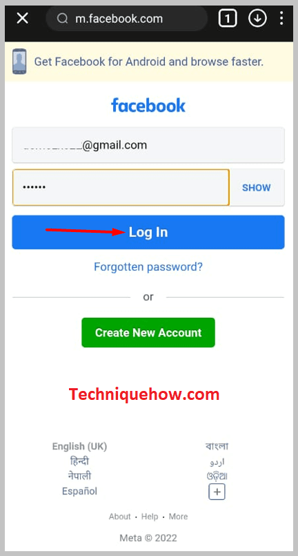 Log in to your Facebook account 