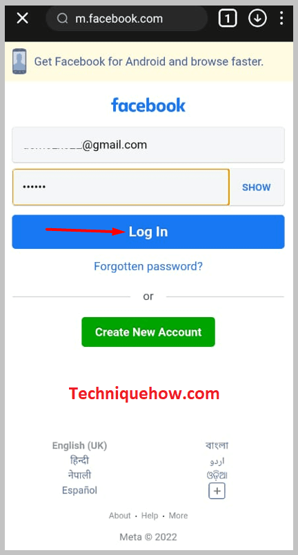 Log in to your Facebook account
