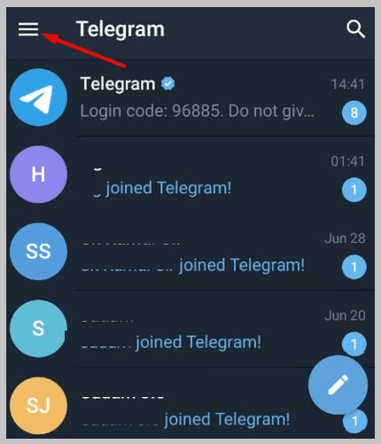 Telegram app and tap onto the 'three lines' icon