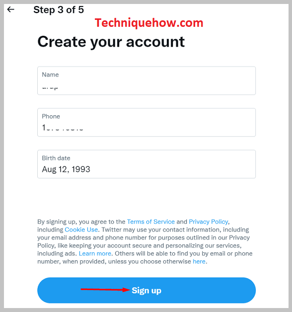 Then tap on the Signup option on twitter