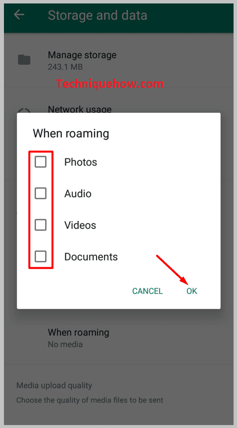 Uncheck all the boxes and click on OK on whatsapp