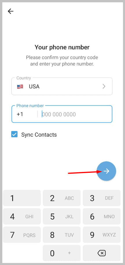 choose your country & enter a Phone number to register