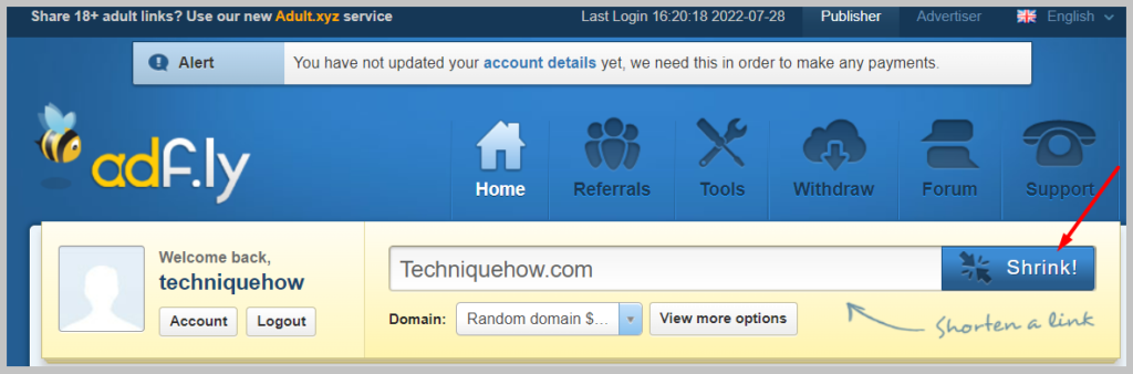 click the “Shrink” button to shorten the link
