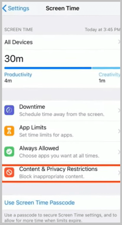 go to content and privacy restrictions.