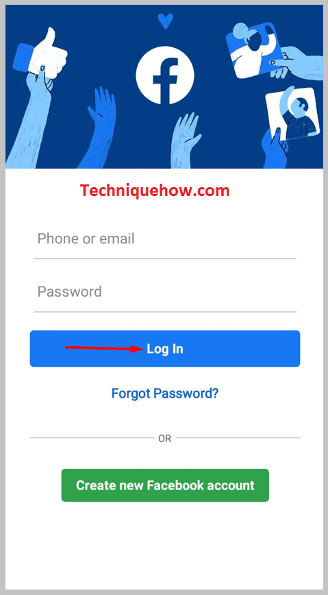 log in page on facebook app