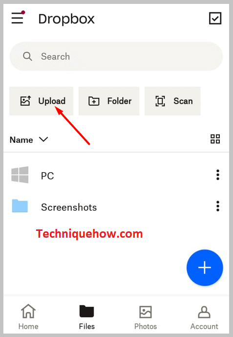 option in Dropbox for uploading data