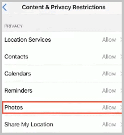  privacy restrictions and tap on photos