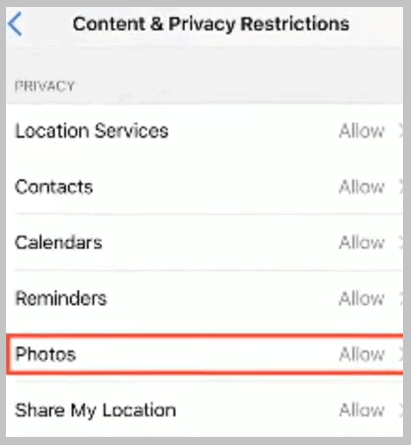 privacy restrictions and tap on photos