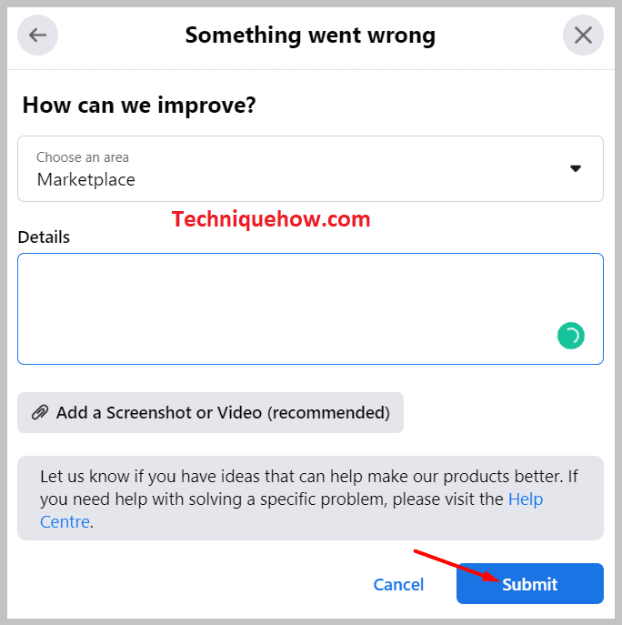 select the option Marketplace as the area of issue