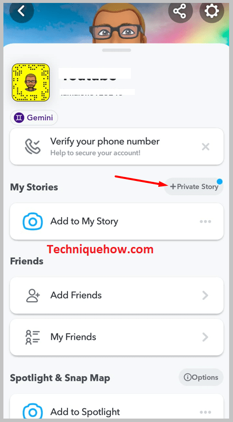 tap on the + Private Story just next to My Stories