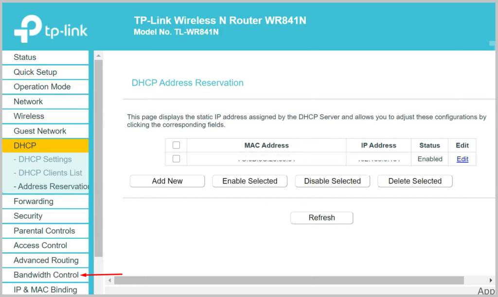 Now go to Bandwidth Control on Tplink