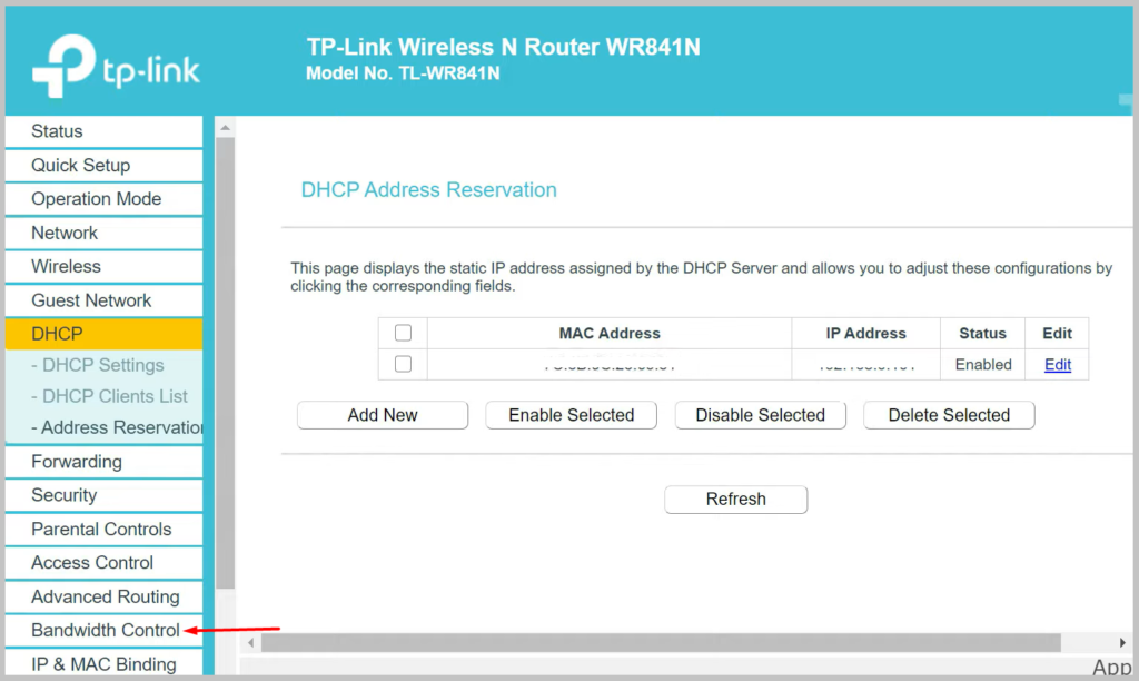 Now go to Bandwidth Control on Tplink