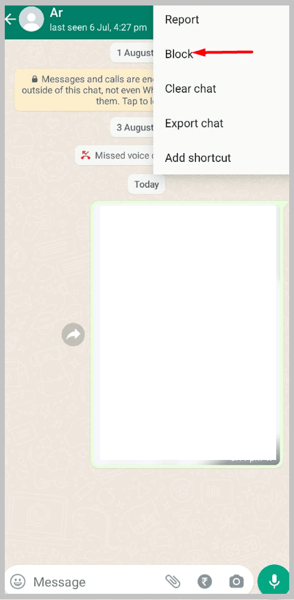 Tap Block on whatsapp app