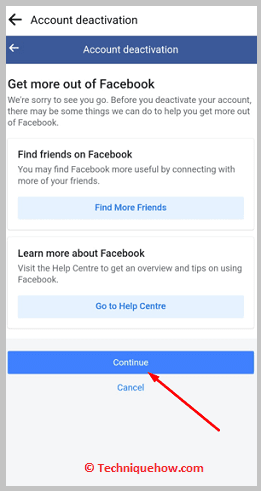 Click on continue on deactivate facebook account