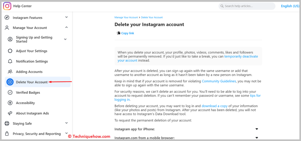 Delete Instagram account link