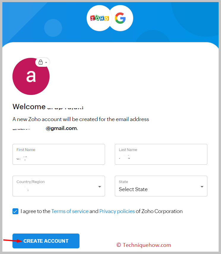 Create your account by entering