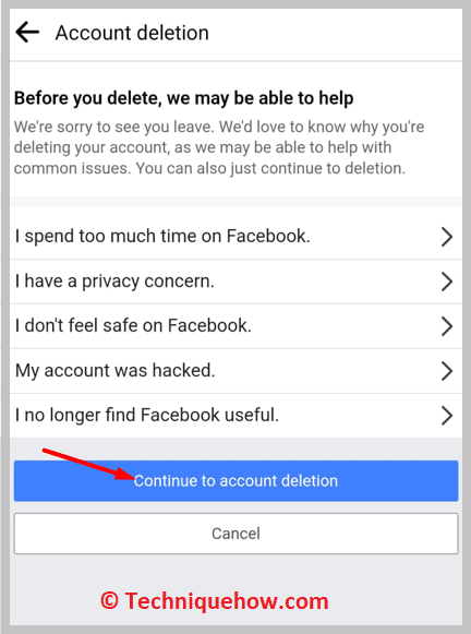 clicking on Continue to account deletion