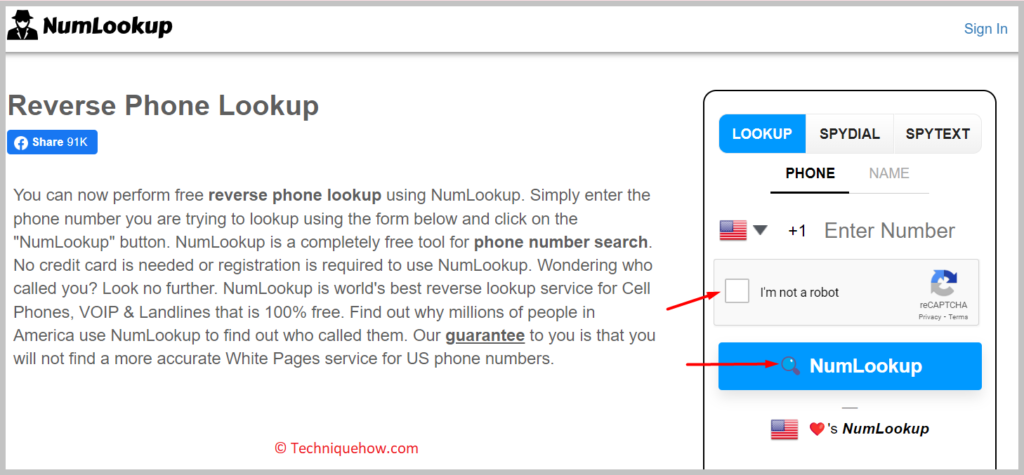 click on the NumLookup button