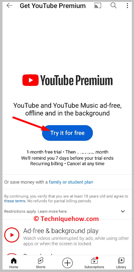  clicking on the Try it free youtube