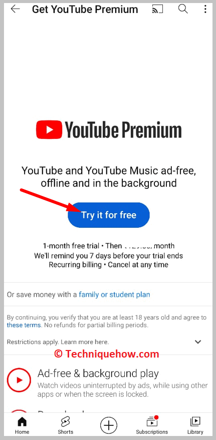 clicking on the Try it free youtube