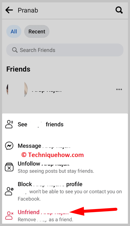 Click on Unfriend (user's name)